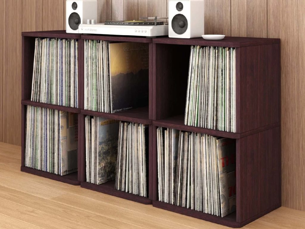 Way-Basics-Vintage-Vinyl-Record-Cube-2-Shelf-Storage,-Turntable-Stand-Organizer---Fits-170-LP-Albums,-Espresso